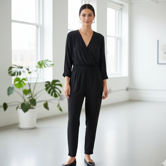 Grana Pant Jumpsuit 100% Chinese Silk 3/4 Sleeve Black V-Neck size Medium - Picture 1 of 12